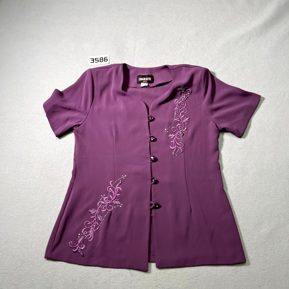 Charlotte‎ USA Shirt Womens Large Purple Embroidered Floral Beaded Detail Casual